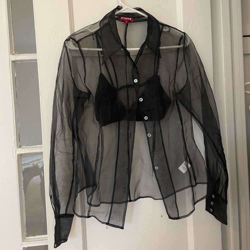 Staud Black Mesh Collared Blouse